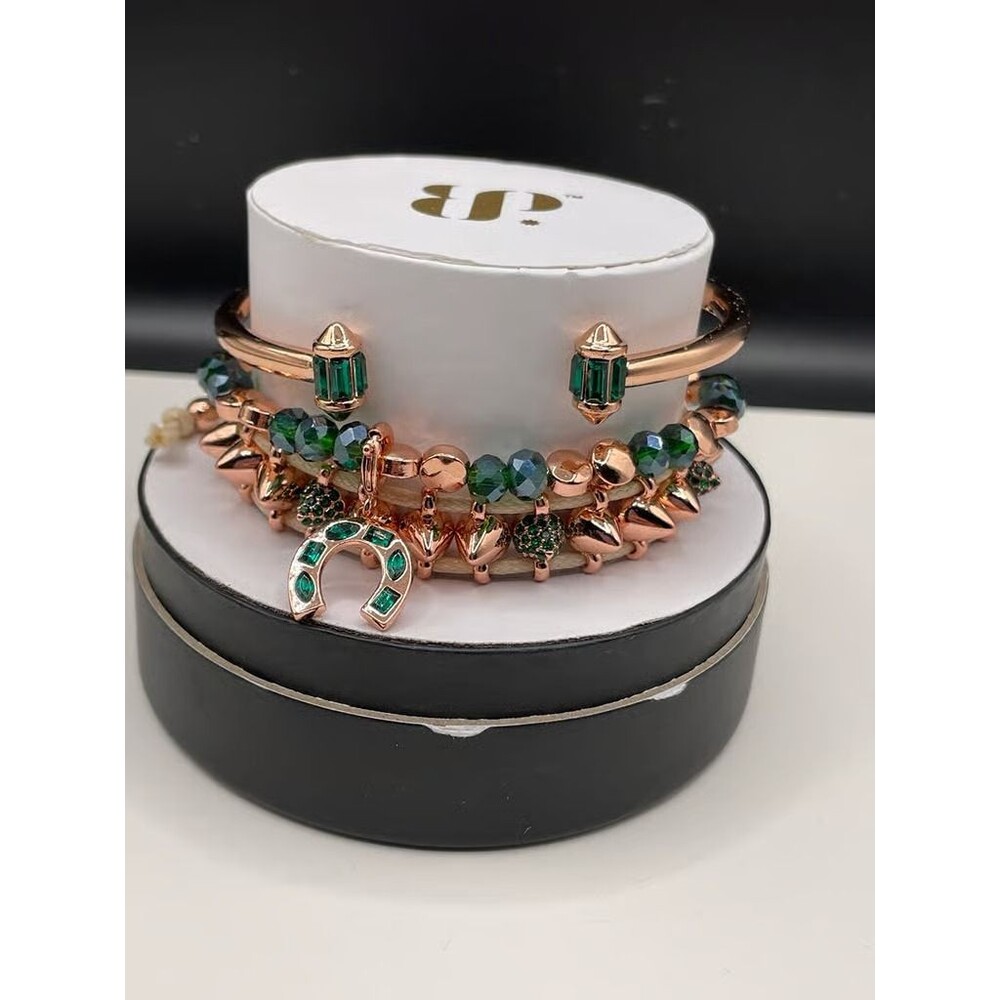 Horseshoe, Green Emerald on Rose Gold Bracelet Stack